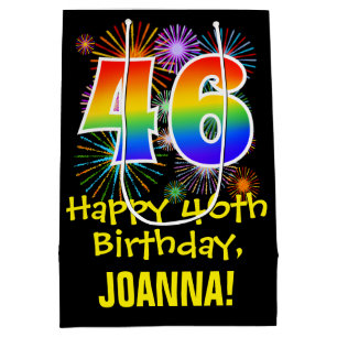 46th Birthday: Fun Fireworks Pattern + Rainbow 46 Medium Gift Bag