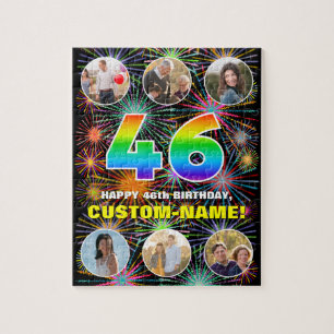 46th Birthday: Fun Rainbow #, Custom Name + Photos Jigsaw Puzzle