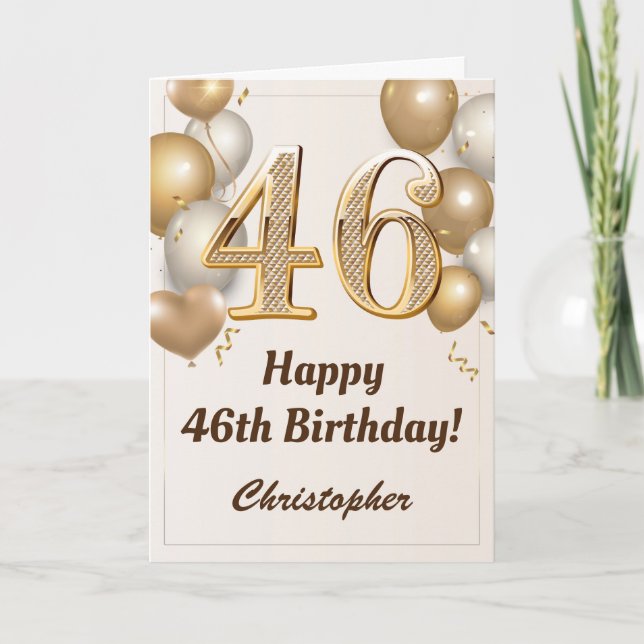 46th Birthday Gold Balloons and Confetti Birthday Card (Front)