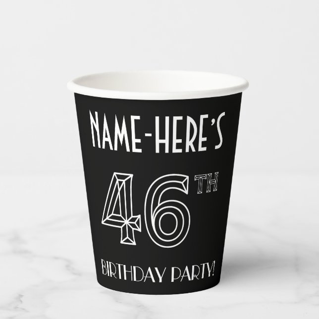 46th Birthday Party: Art Deco Style + Custom Name Paper Cups (Front)