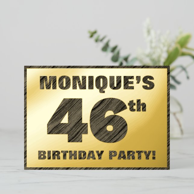 46th Birthday Party — Bold, Faux Wood Grain Text (Standing Front)