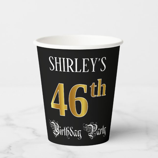 46th Birthday Party — Fancy Script, Faux Gold Look Paper Cups (Front)