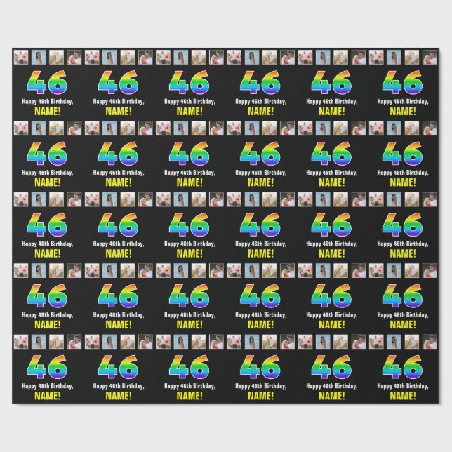 46th Birthday: Rainbow “46“; Custom Photos & Name Wrapping Paper (Flat)