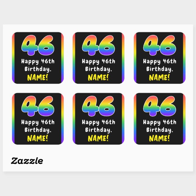 46th Birthday: Rainbow Spectrum # 46, Custom Name Square Sticker (Sheet)