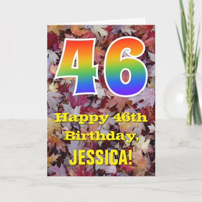46th Birthday; Rustic Autumn Leaves; Rainbow "46" Card (Front)