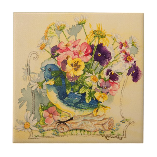 4779 Bluebird Vase with Pansies Ceramic Tile (Front)