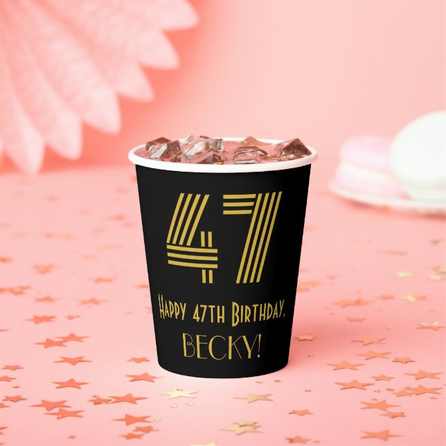 47th Birthday: Art Deco Inspired Look “47” & Name Paper Cups (Insitu)