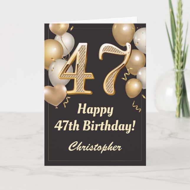47th Birthday Black and Gold Balloons Confetti Card (Front)