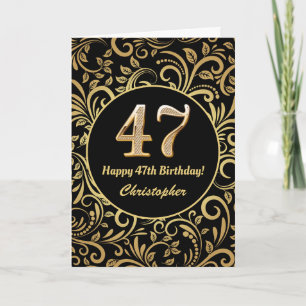 47th Birthday Black and Gold Floral Pattern Card