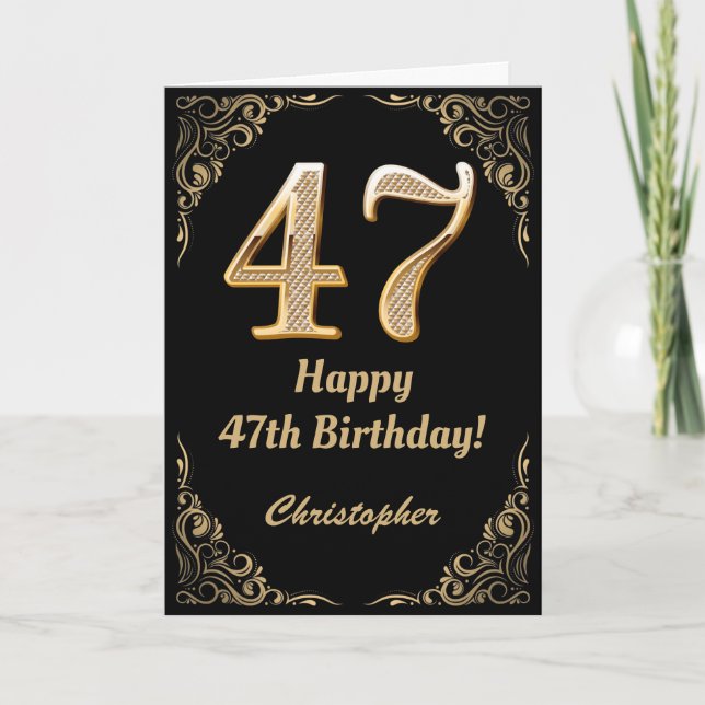 47th Birthday Black and Gold Glitter Frame Card (Front)