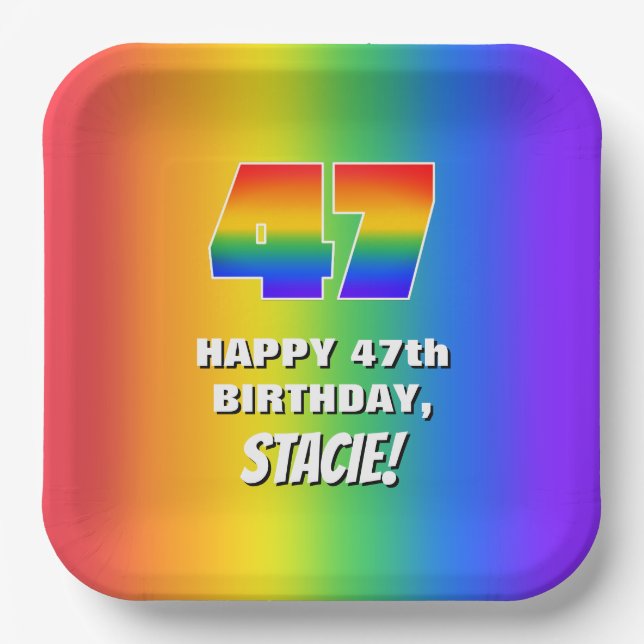 47th Birthday: Colourful, Fun Rainbow Pattern # 47 Paper Plate (Front)
