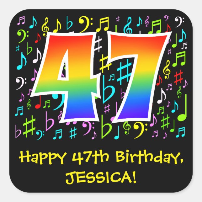 47th Birthday: Colourful Music Symbols, Rainbow 47 Square Sticker (Front)