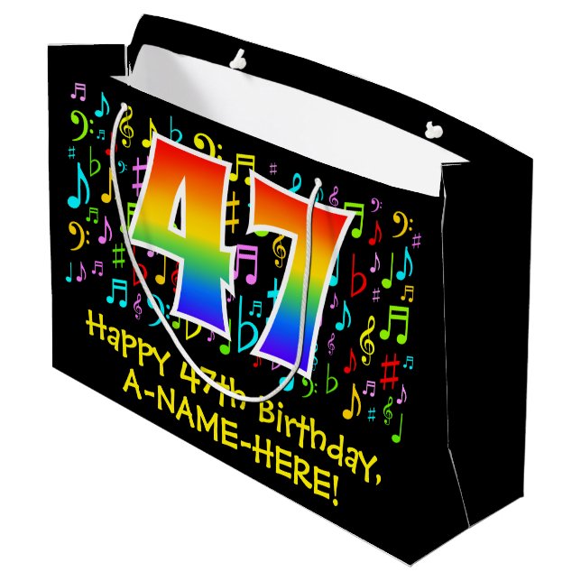 47th Birthday - Colourful Music Symbols, Rainbow 4 Large Gift Bag (Back Angled)