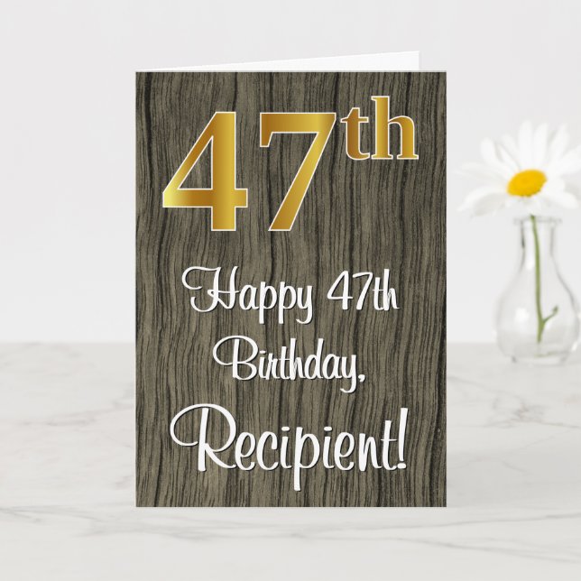 47th Birthday: Elegant Faux Gold Look #, Faux Wood Card (Small Plant)