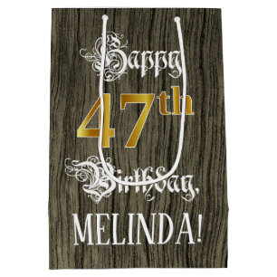 47th Birthday: Faux Gold Look & Faux Wood Pattern Medium Gift Bag