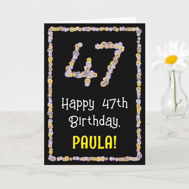 47th Birthday: Floral Flowers Number, Custom Name Card (Small Plant)