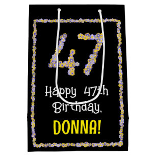 47th Birthday: Floral Flowers Number, Custom Name Medium Gift Bag