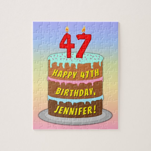 47th Birthday: Fun Cake and Candles + Custom Name Jigsaw Puzzle (Vertical)