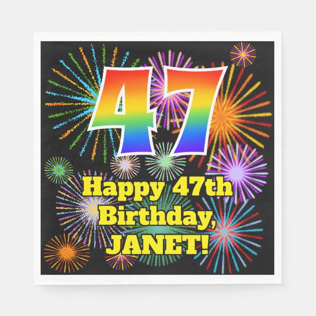 47th Birthday: Fun Fireworks Pattern + Rainbow 47 Napkin (Front)