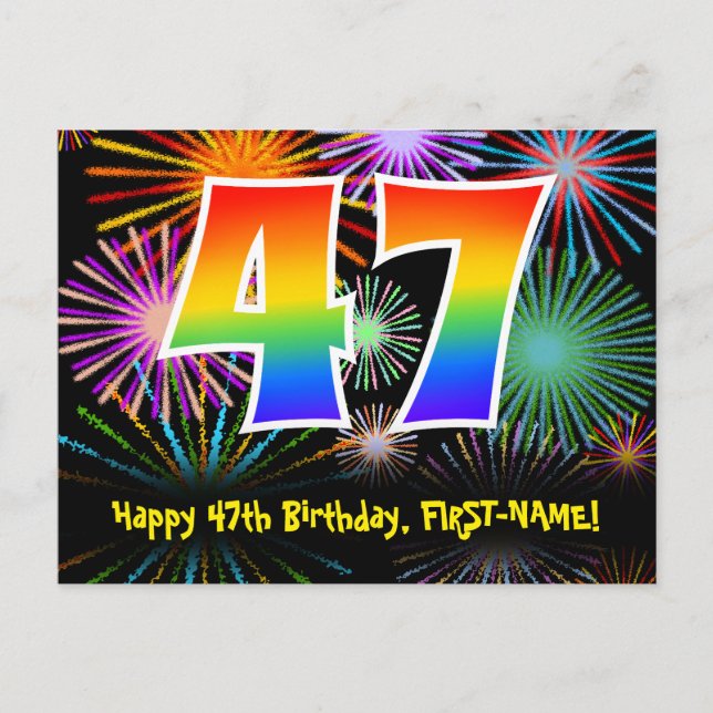 47th Birthday – Fun Fireworks Pattern + Rainbow 47 Postcard (Front)