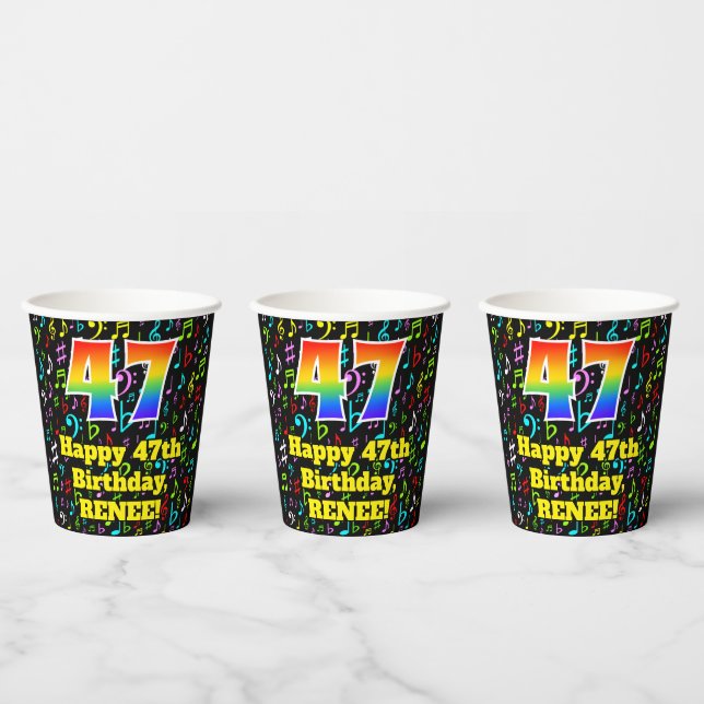 47th Birthday: Fun Music Notes Pattern, Rainbow 47 Paper Cups (Multi)