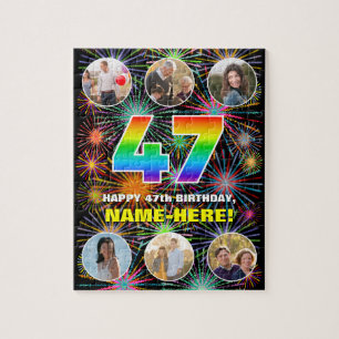 47th Birthday: Fun Rainbow #, Custom Name + Photos Jigsaw Puzzle