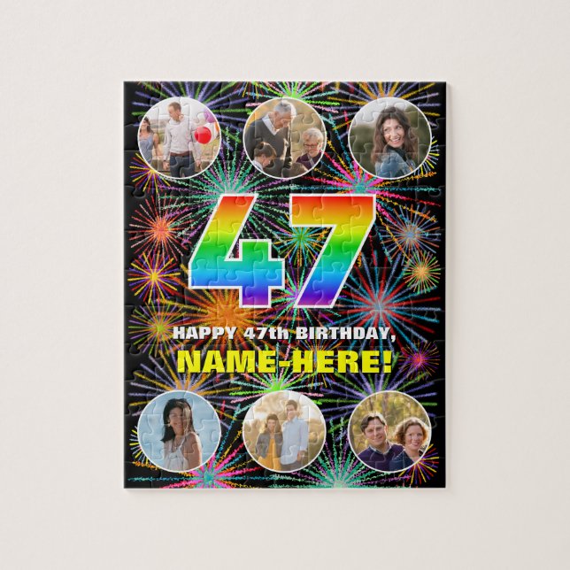 47th Birthday: Fun Rainbow #, Custom Name + Photos Jigsaw Puzzle (Vertical)