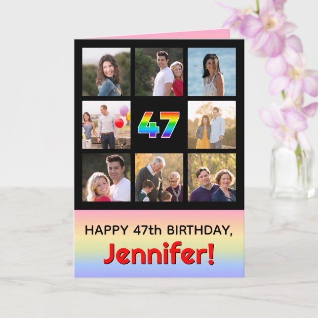 47th Birthday: Fun Rainbow #, Custom Photos + Name Card (Orchid)