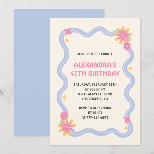 47th birthday invitation Retro Groovy Blue Flowers (Front/Back)