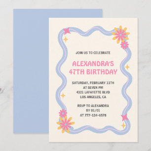 47th birthday invitation Retro Groovy Blue Flowers