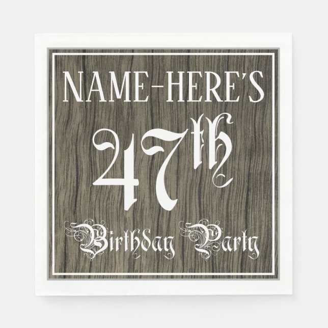 47th Birthday Party — Fancy Script, Faux Wood Look Napkin (Front)