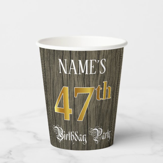 47th Birthday Party — Faux Gold & Faux Wood Looks Paper Cups (Back)