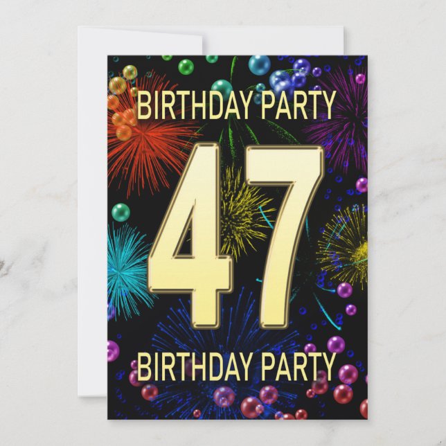 47th Birthday Party Invitation Fireworks Bubbles (Front)