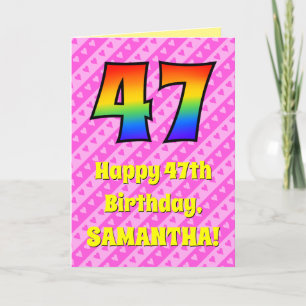 47th Birthday: Pink Stripes & Hearts, Rainbow # 47 Card
