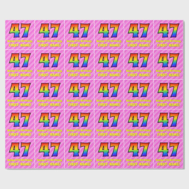 47th Birthday: Pink Stripes & Hearts, Rainbow # 47 Wrapping Paper (Flat)