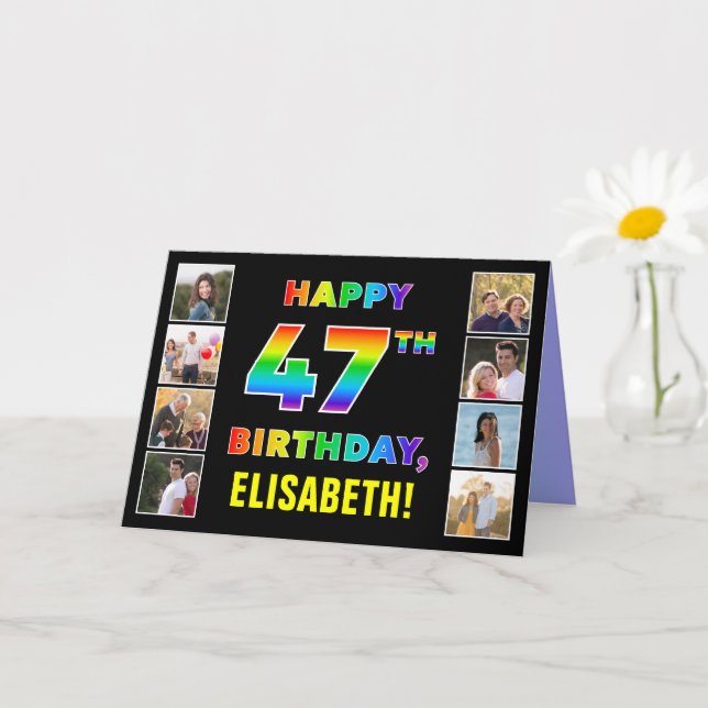 47th Birthday: Rainbow Text, Custom Photos & Name Card (Small Plant)