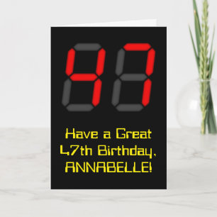 47th Birthday: Red Digital Clock Style "47" + Name Card