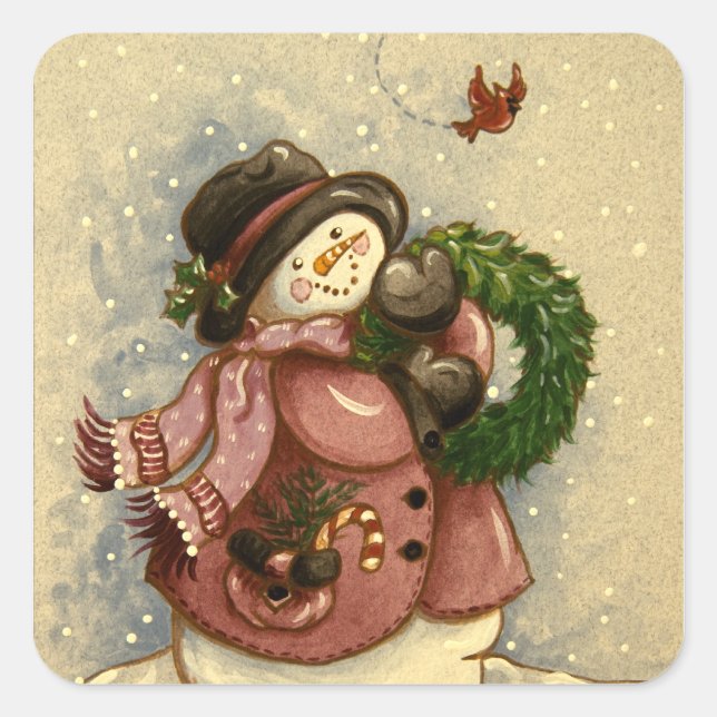4886 Snowman Wreath Cardinal Square Sticker (Front)