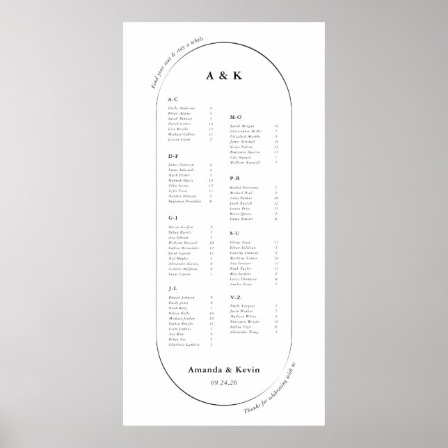 48" Modern Oval Wedding Seating Chart (Front)