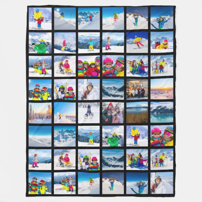 48 Photo Grid Collage Black Fleece Blanket (Front)
