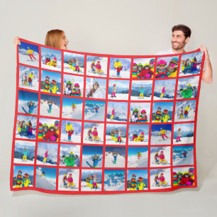 48 Photo Grid Collage Bright Red Fleece Blanket