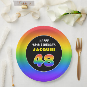 48th Birthday: Colorful Rainbow # 48, Custom Name Paper Plate