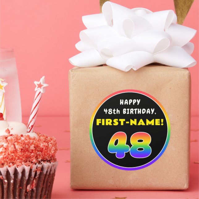 48th Birthday: Colourful Rainbow # 48, Custom Name Classic Round Sticker (Party)