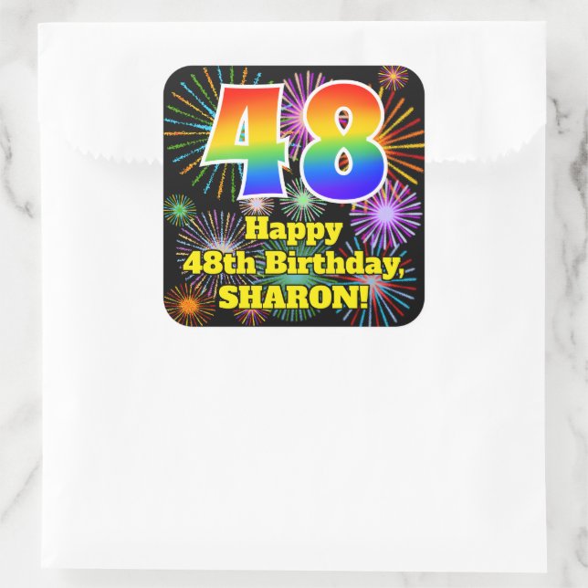 48th Birthday: Fun Fireworks Look, Rainbow # 48 Square Sticker (Bag)