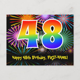 48th Birthday – Fun Fireworks Pattern + Rainbow 48 Postcard