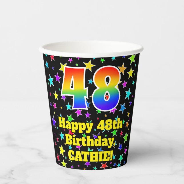 48th Birthday: Fun Stars Pattern and Rainbow 48 Paper Cups (Front)