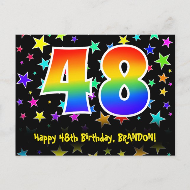 48th Birthday: Fun Stars Pattern, Rainbow 48, Name Postcard (Front)