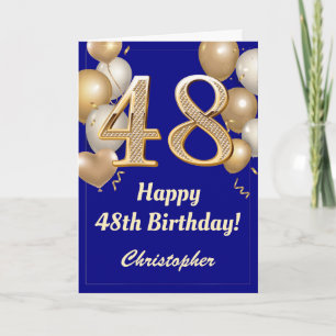 48th Birthday Navy Blue and Gold Balloons Confetti Card