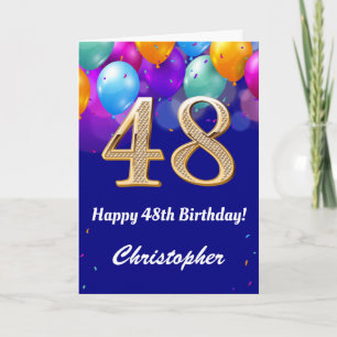 48th Birthday Navy Blue and Gold Colourful Balloon Card