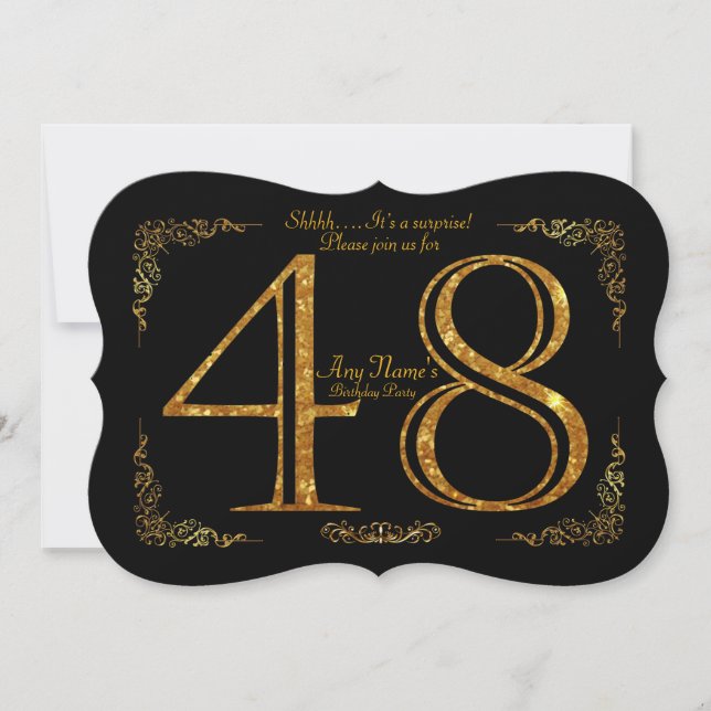 48th,Birthday party 48th,great Gatsby,black & gold Invitation (Front)
